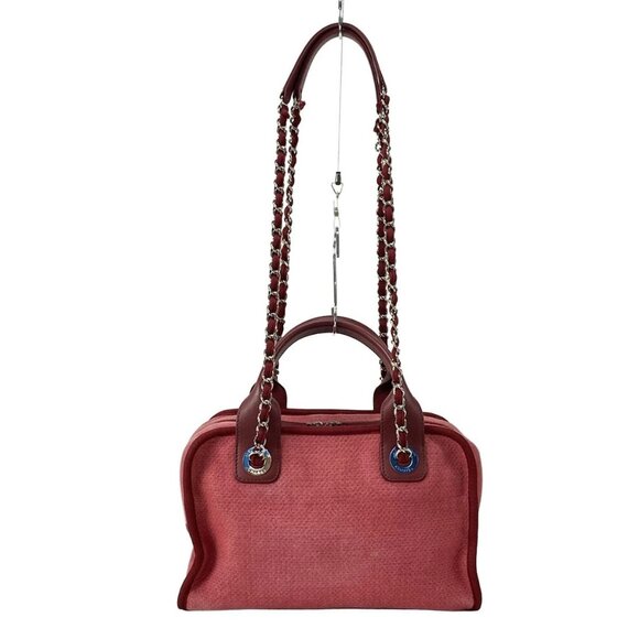 Auth CHANEL Deauville Bowling Bag - Bordeaux Canvas Raffia Grossgrain Calf Skin - Picture 2 of 16